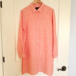Tahari Linen Button Up Long Sleeve Roll Tab Side Slit Tunic Orange Size L